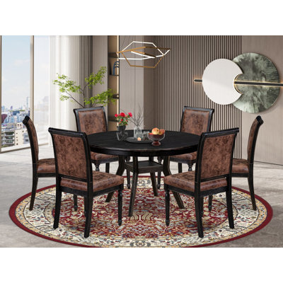 Ensemble de table et salle à manger de cuisine 7 pièces comprenant une table ronde en bois et 6 chaises en polyester texturé marron avec haut dossier et finition noire sablée.