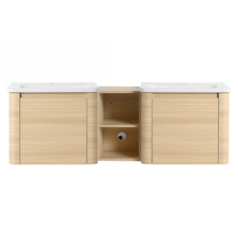 Meuble-lavabo mural de 60 po avec lavabo en céramique blanche, tablettes de rangement et portes à fermeture en douceur, fabrication en contreplaqué durable