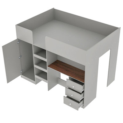 Lit mezzanine en bois avec tablettes et tiroirs de rangement intégrés