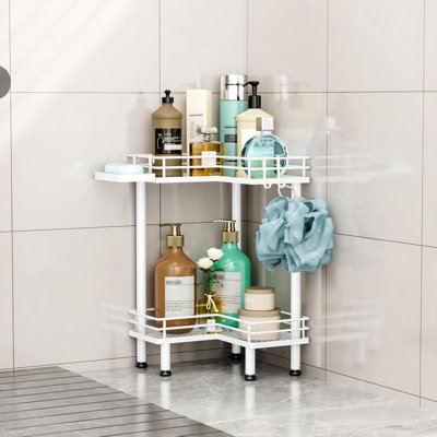 Corner Shower Caddy Standing Organizer With Soap Holder And Hooks, Rustproof Bathroom Storage Shelf With Adjustable Feet For Space Saving