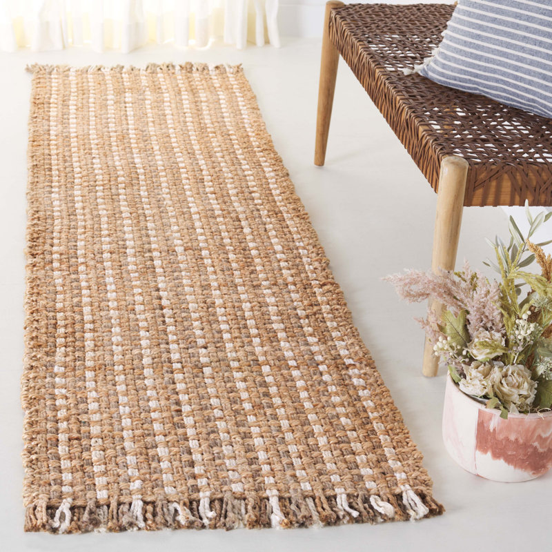 Tapis beige / brun en jute tissé à plat à la main Keshanda, Tapis de couloir 2 pi 3 po x 8 pi