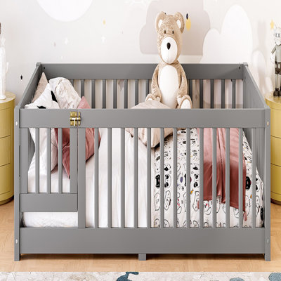 Full Size Montessori Floor Bed With Door And Safety Guardrail, Gray