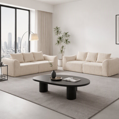 Ensemble de canapé Minimalist 3 + 3 places en velours côtelé avec lignes courbes et dossier légèrement incliné, livré avec 6 coussins décoratifs en forme de corne beige