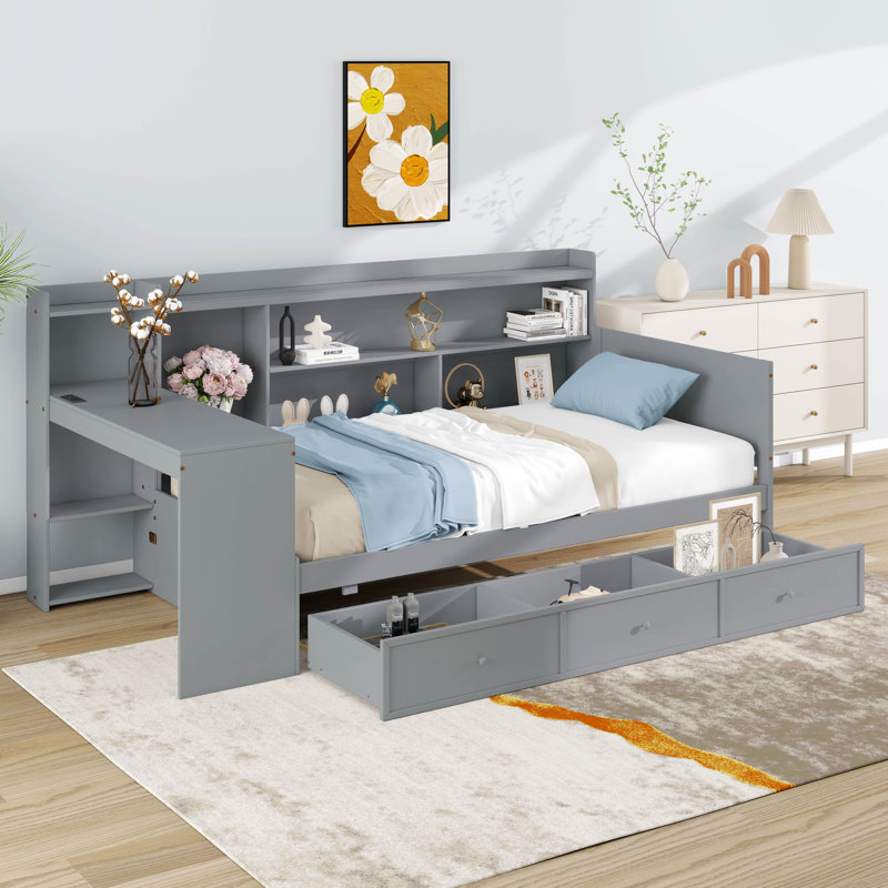Lit de jour simple en bois, structure de canapé-lit avec 3 tiroirs de rangement, ports USB, tablettes de rangement et bureau d'étude