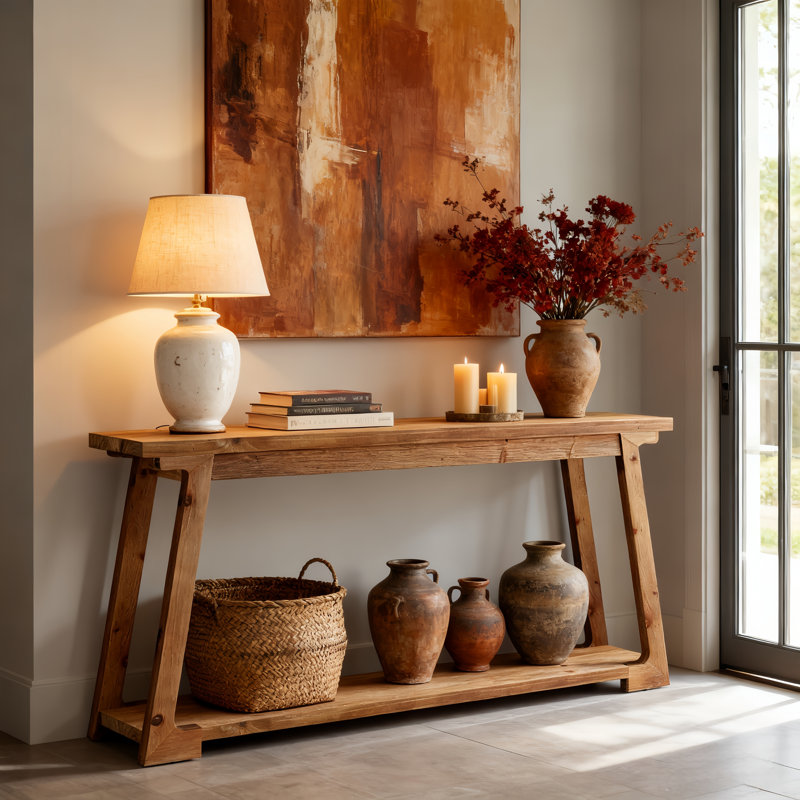 63-Inch Long Solid Wood Console Table, 2-Tier Narrow Sofa Table For Living Room, Entryway, Brown