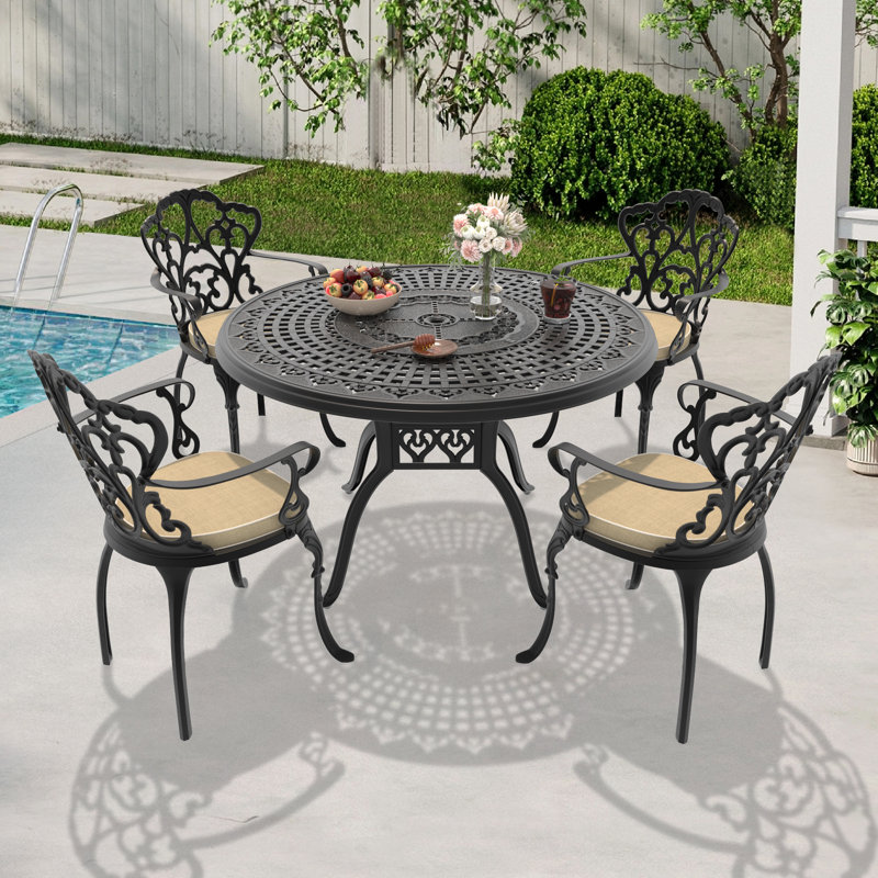 4-Person 47.24" Round Outdoor Dining Set with Umbrella Hole, 4 Armchairs, Beige Cushions, 4
