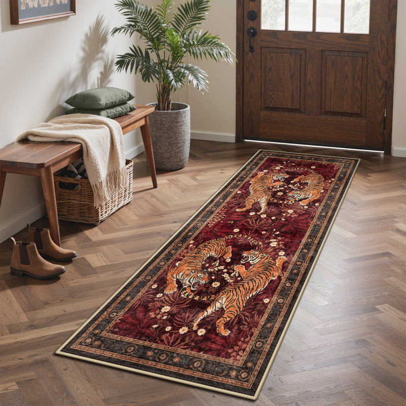 Gemini Oriental Machine Washable Red Indoor Area Rug with Non-Slip Backing, Runner 2' x 6', Red/Gray