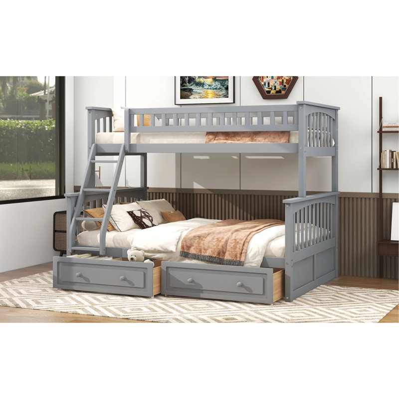 Lit superposé convertible simple au-dessus d'un lit double gris avec tiroirs, pin et construction, conception fiable, garde-corps de type barrière pour la protection, assemblage simple