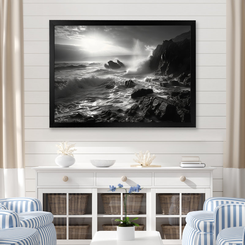 Paysage de plage rocheuse sur toile, Cadre simple noir, H 12 po x l 20 po x P 1 po