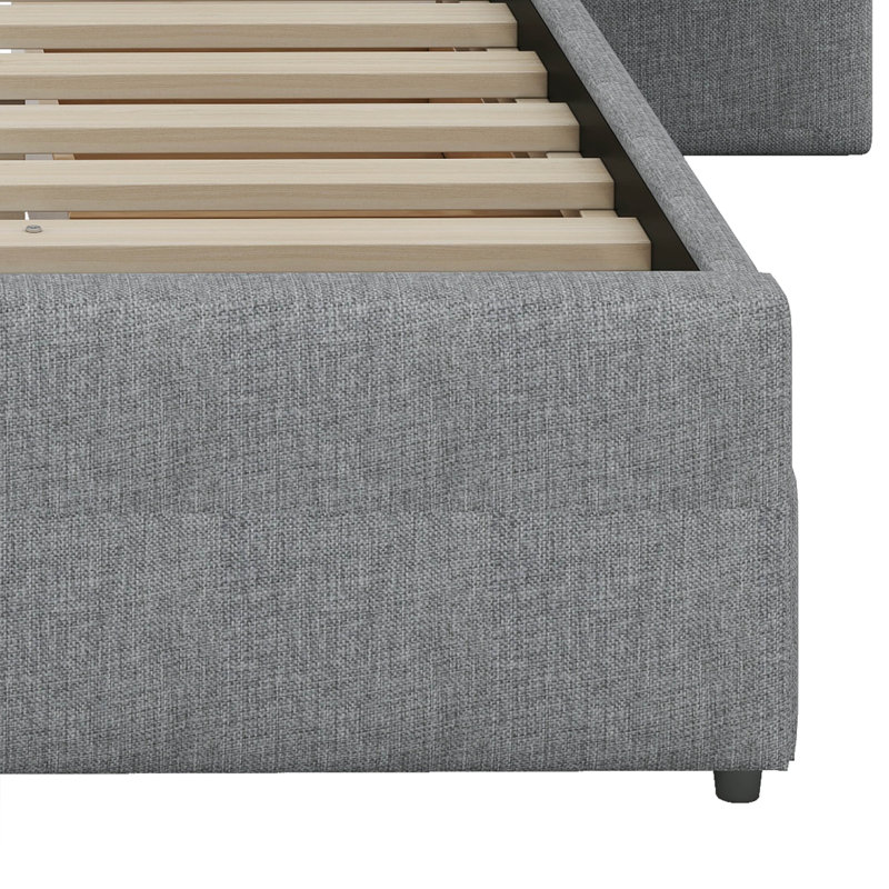 Queen Size Upholstered Bed With Lights, Drawers, Trundle, Grey