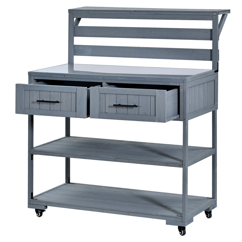 Chariot de cuisine en bois massif avec plateau en acier inoxydable de 2,3 po pour îlot de cuisine, Gris