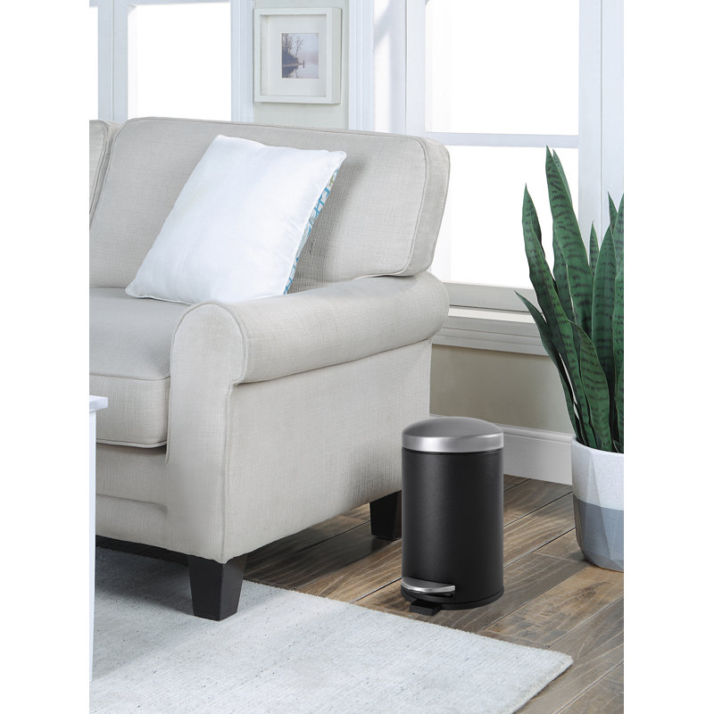 Compact Black and Silver Steel Step Trash Can with Slow Close Lid