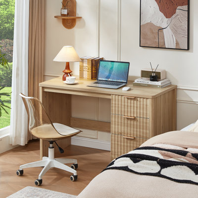 48" Modern Fluted Executive Desk With Storage Cabinet,Wood Home Office Desk With File Drawer & Metal Handles, Large Computer Writing Table For Office,Study, Living Room, Bedroom