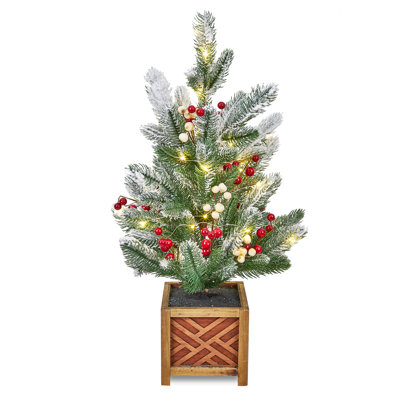 Mini arbre de Noël pré-éclairé de 24 pouces avec lumières, arc et boules, baies rouges et pommes de pin pour l'intérieur