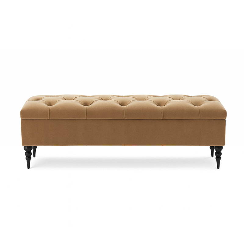 Safar Wide Tufted Rectangle Ottoman Storage Bench – Upholstery Plush Velvet Shoe Bench with Black Turned Wooden Legs, Mink