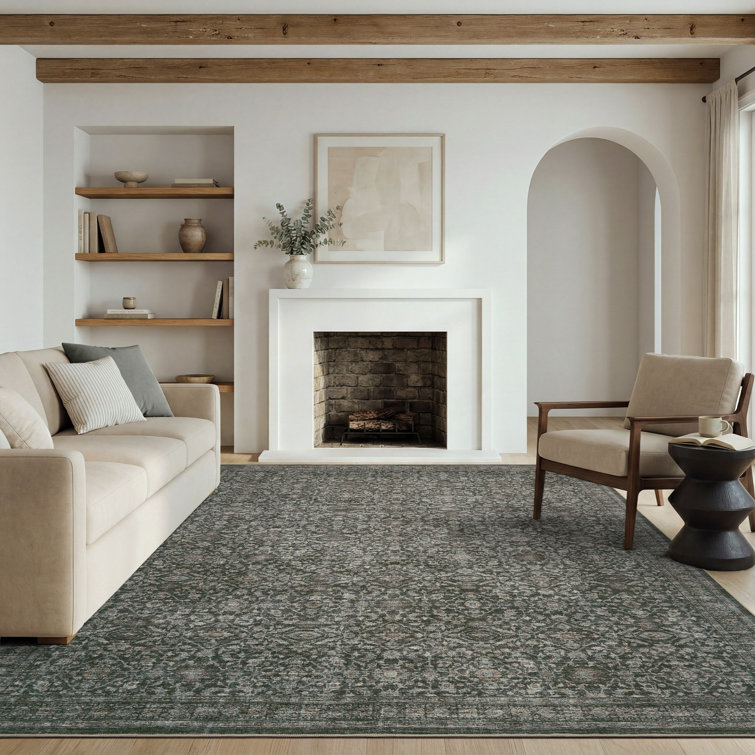Distressed Green Vintage Washable Non-Slip Area Rug For Living Room, Bedroom