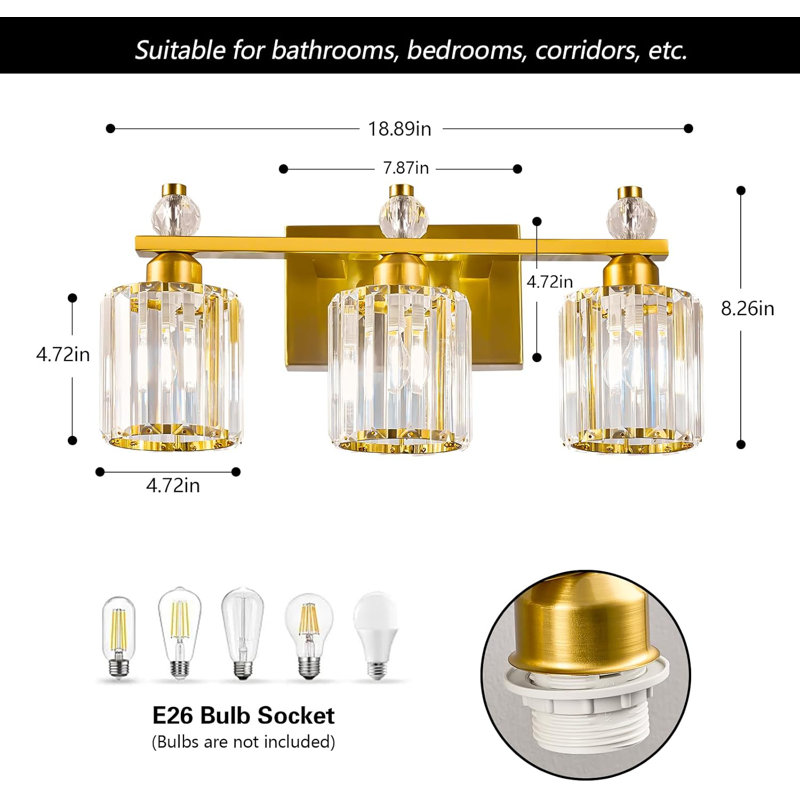 Luminaire de salle de bain moderne en cristal avec finition dorée, conception à 3 lumières pour installation sur miroir, compatible avec les ampoules E26