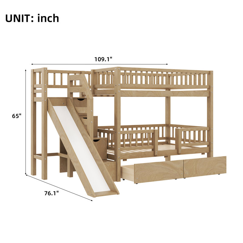 Lit superposé avec escalier de rangement, glissade et 2 tiroirs, Noyers