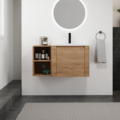 Meuble-lavabo mural 36 po avec lavabo en céramique blanche et tablettes de rangement et 1 porte à fermeture en douceur