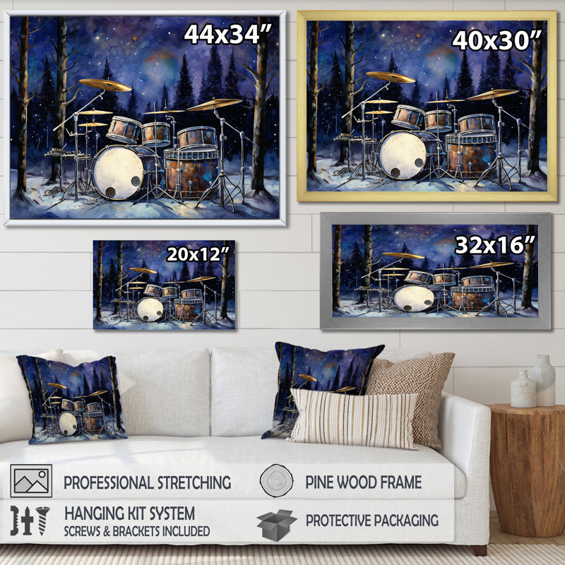 «Music Drums In Winter I», reproductions d'art mural musical, Cadre flottant doré, H 12 po x l 20 po x P 1 po