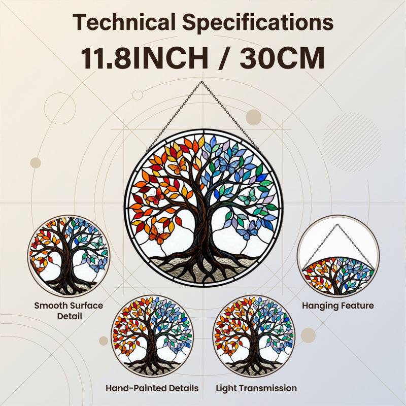 Panneau de vitrail 12 "H Tree Of Life, H 12 po x l 12 po
