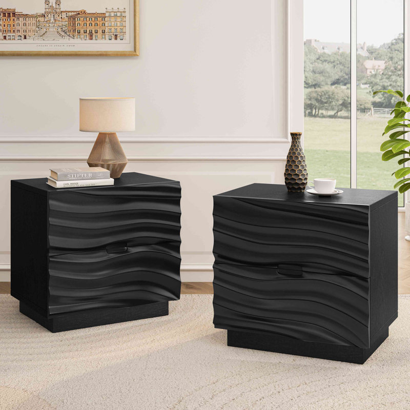 Solid Wood Renley With 2 Drawers, Handle-Free Bedside Table, Sofa End Table For Living Room & Bedroom, Available In 2 Colors
