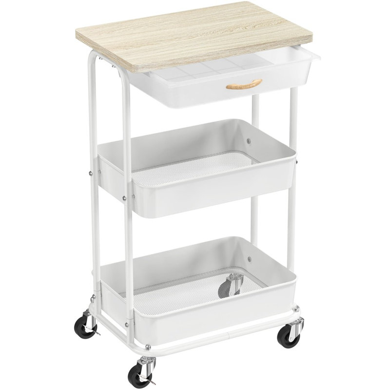 3‑Tier Utility Rolling Cart With Drawer and Wood Top, Mobile Wheeled Storage Trolley For Household Organization
