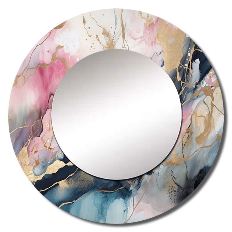«Preety Exploration The Profondeurs of Blue Geode I» - miroir en marbre, miroir mural rond unique moderne, art imprimé en métal
