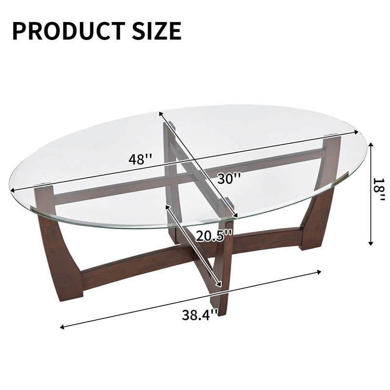 48" Oval Glass Coffee Table with Wood Base, Cherry, Transparent, Cherry
