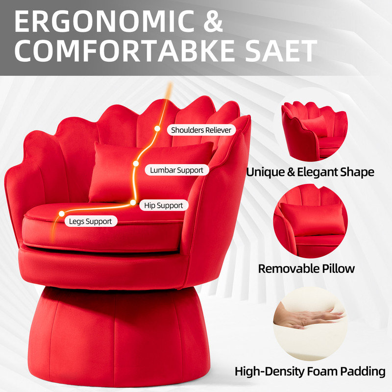 Fauteuil d'appoint rembourré et pivotant en velours, Velours rouge