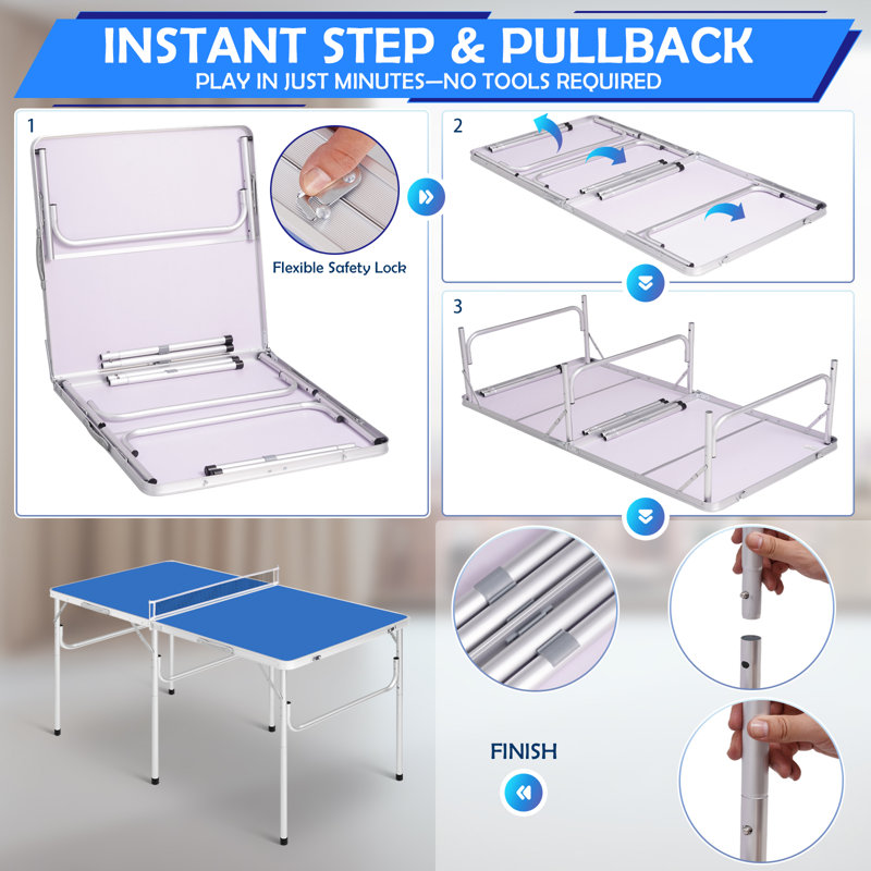 Foldable Ping Pong Table, Small Size 60" X 30" Portable Table Tennis Table With 2 Paddles, Game Net And 2 Balls, Blue