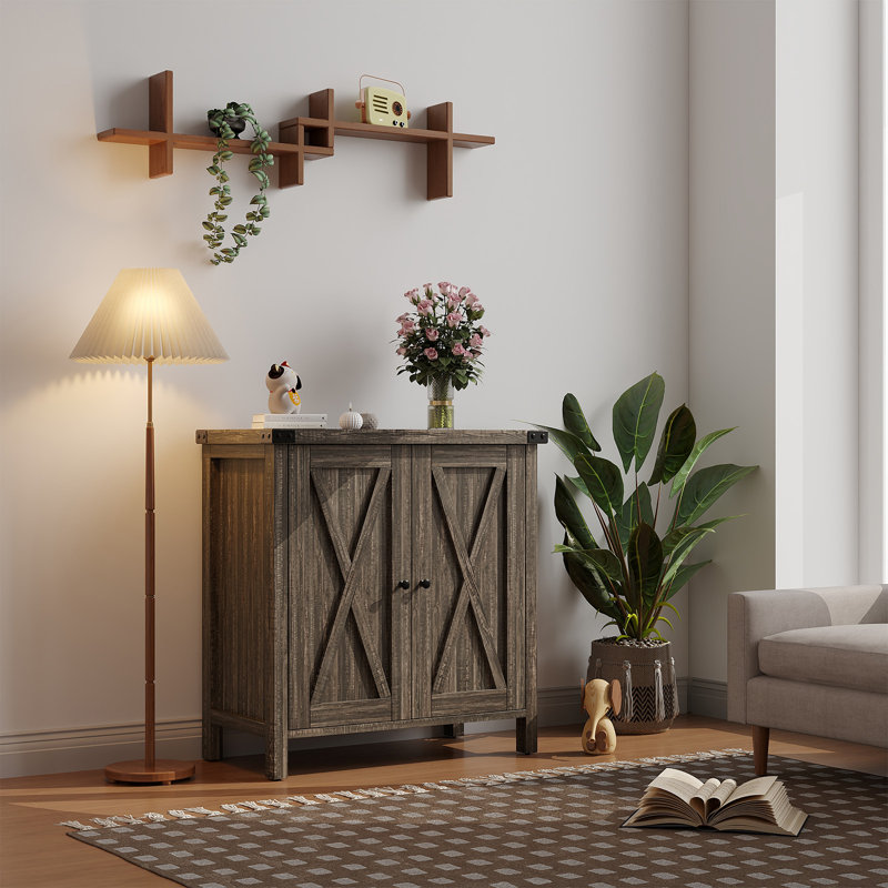 Farmhouse Sideboard Buffet Cabinet With Storage, Kitchen Cabinet With Adjustable Shelf and 2 Barn Doors, Modern Wooden Storage Cabinet for Living Room, Dining Room, Dark Oak