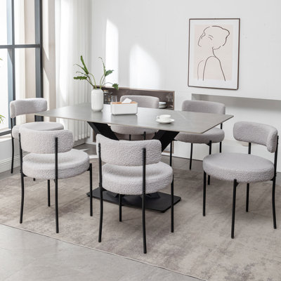 Boucle Dining Chairs Set Of 6, Upholstered Dining Room Chairs With Black Metal Legs, Round Modern Dining Chair For Dining Room, Kitchen