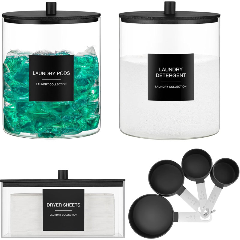 Laundry Room Organization Set with 0.5 Gallon Glass Bottles, Acrylic Box, Bamboo Lids & 27 Minimalist Labels