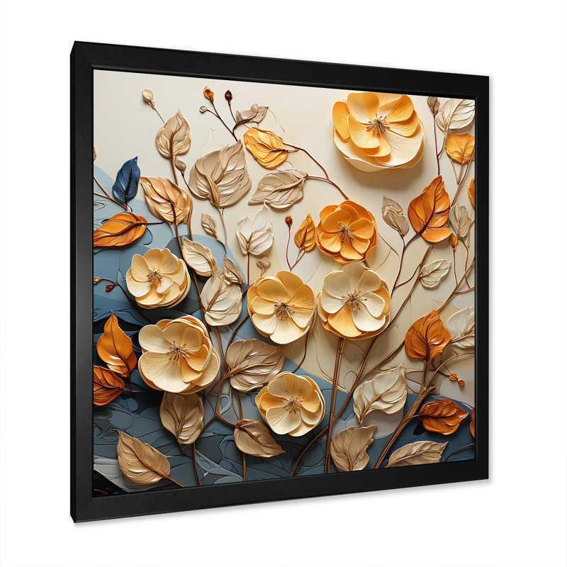 Feuilles d'or et d'orange dans la brise sur toile, Cadre simple noir, H 36 po x l 36 po x P 1,5 po
