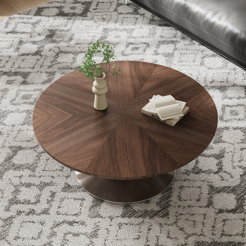 Table basse ronde 33,5 po, finition noyer et base en acier inoxydable