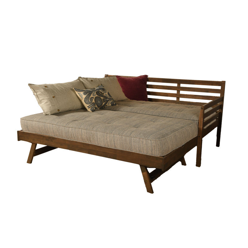 Alhamdi Boho Daybed and Pop-Up Bed with Mattresses, Rustic Walnut, Seaport Blue
