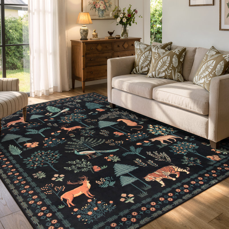  Garbrand Wild Jungle Animal Design Machine Washable Black 5X7 Area Rug, Soft Non Slip Rugs Carpet - Ideal for Living Room, Bedroom, Kid Room or Playroom Decor