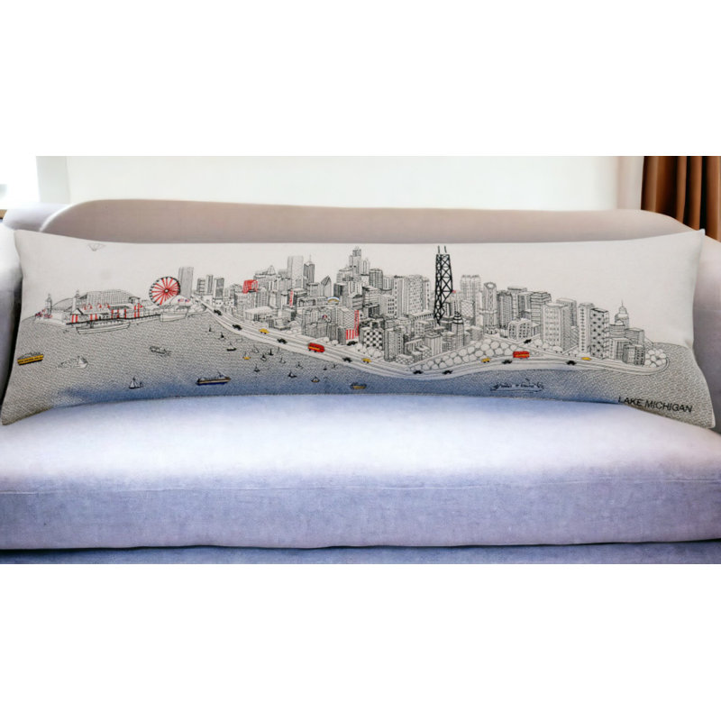 Housse de coussin en lin neutre, Forme rectangulaire, 14 po x 45 po, Ivoire / gris pâle / rouge