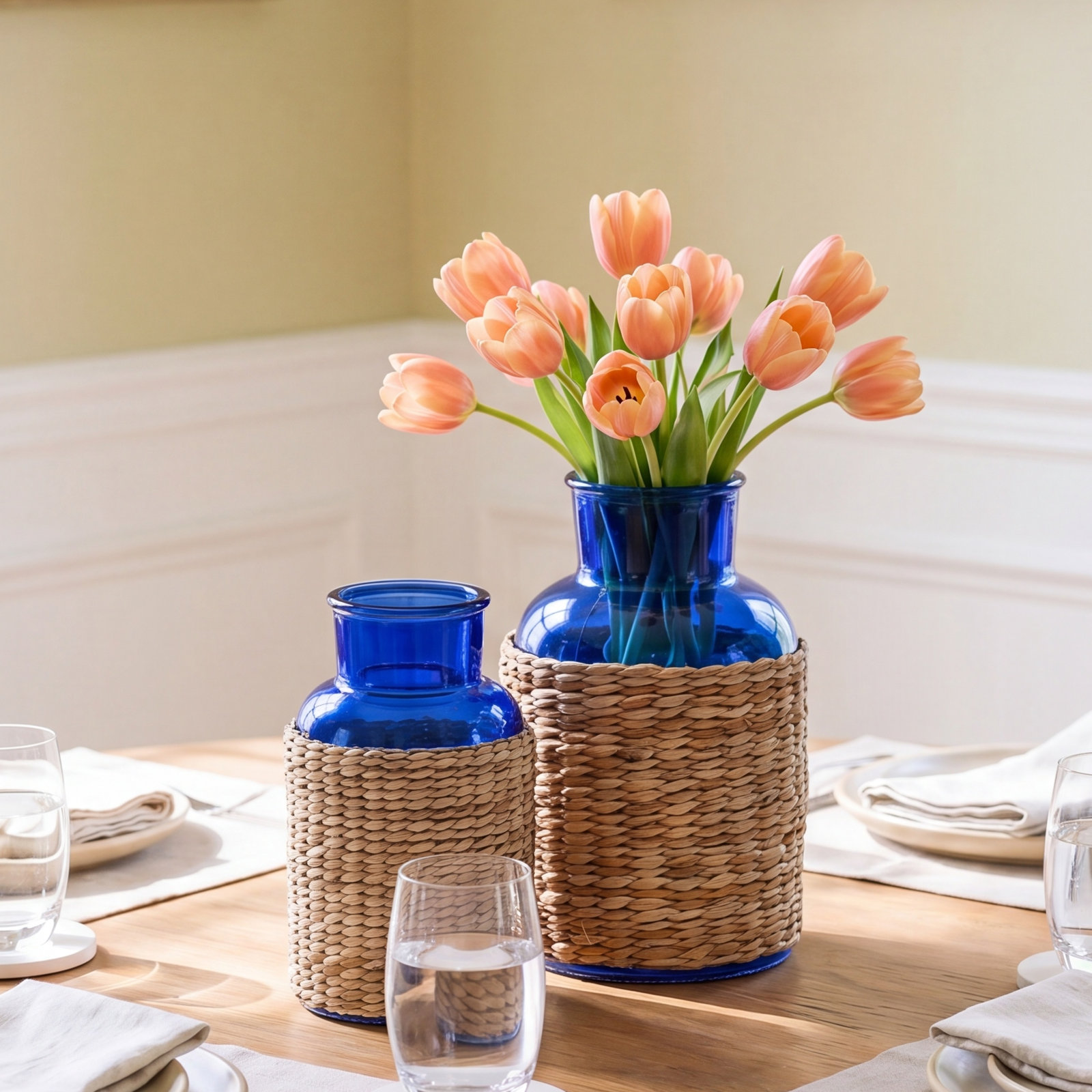 Set Of 2 Blue Glass Candle Holder / Vase With Rattan Wrap