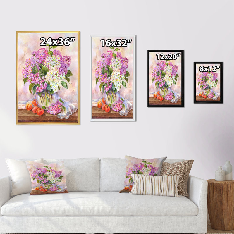 Nature morte avec bouquet de lilas pastel - ferme, art mural sur toile, H 20 po x l 12 po x P 1 po, Cadre flottant doré