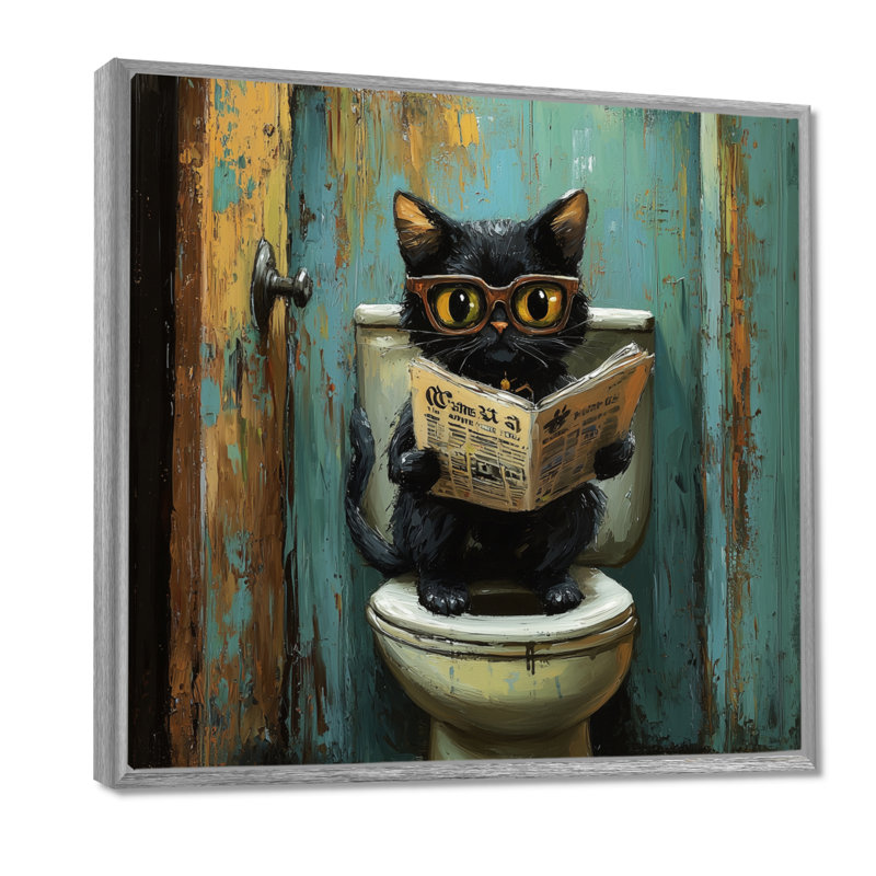 «Cute Cat Ready», journal sur la toilette II - art mural chat, H 30 po x l 30 po, Impression encadrée flottante