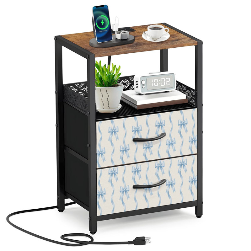 Table de chevet 2 tiroirs en tissu avec station de charge Coquette fleurs