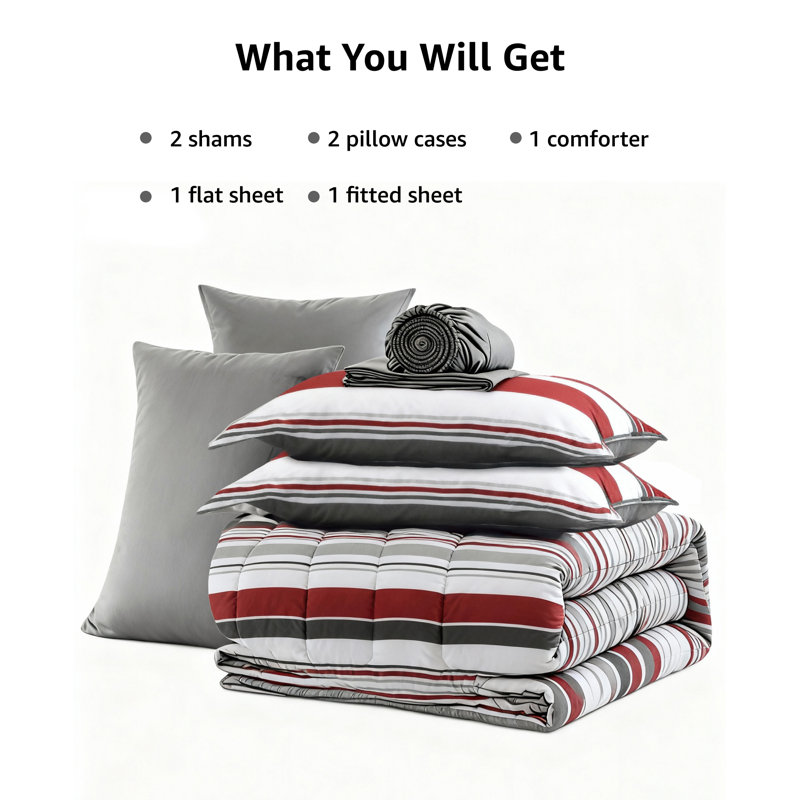 Ensemble d'édredon pour lit double Monbix - Ensemble de lit dans un sac 7 pièces, ensemble de literie à rayures rouges et noires, ensemble de lit d'édredon toutes saisons avec draps, taies d'oreiller et taies décoratives