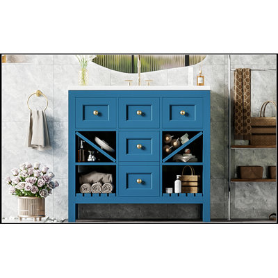 Meuble-lavabo 36 po avec lavabo en résine, structure en bois massif, 5 tiroirs et portes à fermeture douce pour un rangement efficace et élégant
