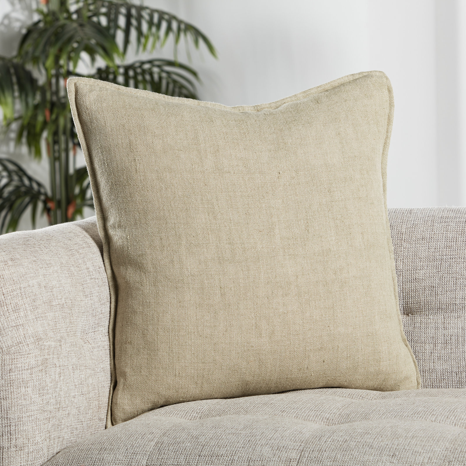 Burbank Linen Throw Pillow, Down, 22" x 22", Light Beige