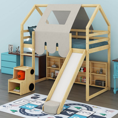 Armelia House-Shaped Loft Bed Frame With Tent, Wooden Bed Frame