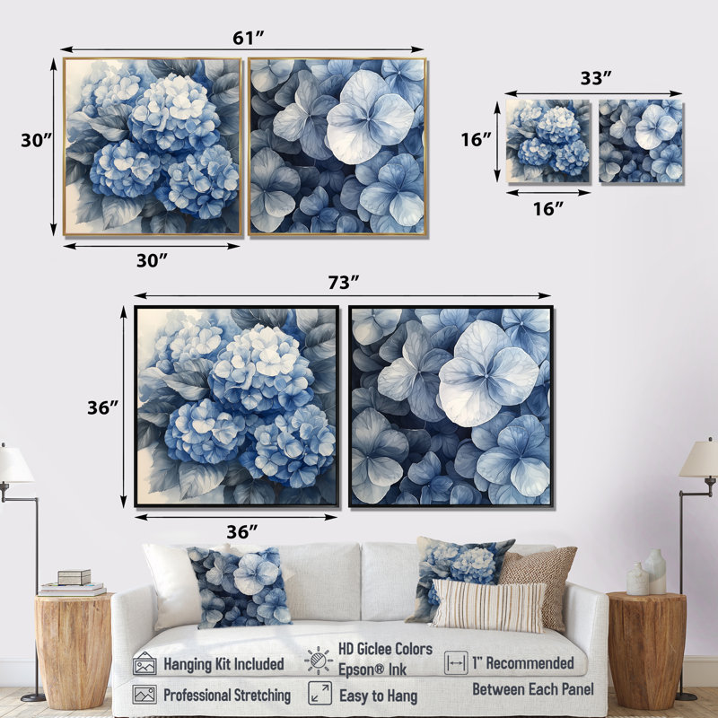Hortensia grappe avec pétales bleus I - art mural hortensia - art mural traditionnel sur toile 2 pièces, Cadre flottant, Doré
