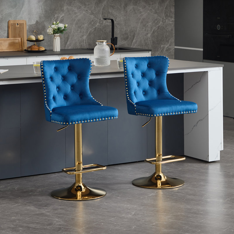 Tabouret de comptoir pivotant à hauteur réglable avec structure en métal, Doré, Bleu