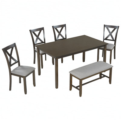 6-Piece Kitchen Dining Table Set Wooden Rectangular Dining Table, 4 Fabric Chairs and Bench Family Furniture (Espresso)
